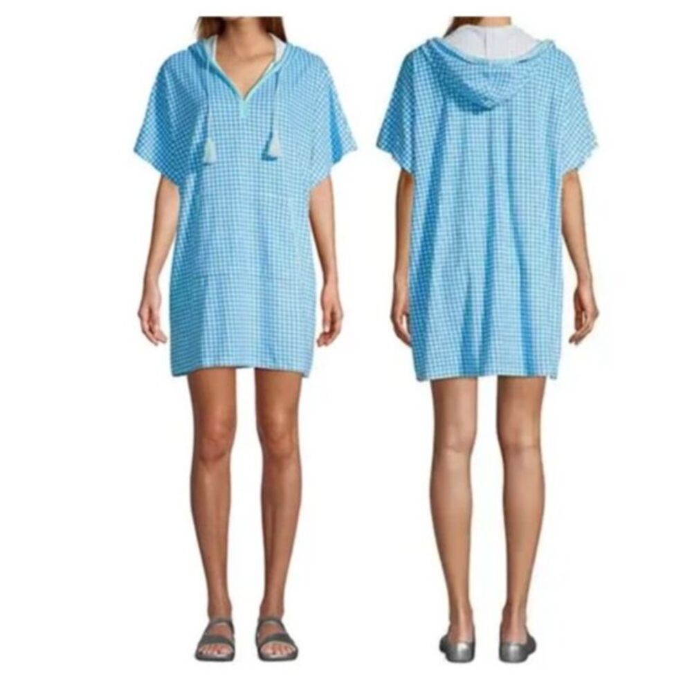 LANDS’ END  PETITE L/XL Terry Gingham Aqua Hooded Swim Cover-up with Pocket